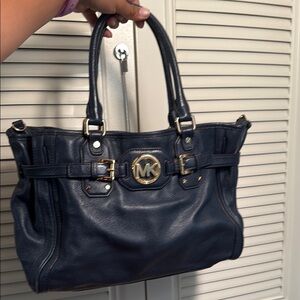 Michael Kors Navy Blue Leather Tote Bag with Gold Hardware